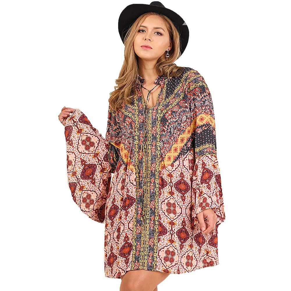 Umgee Plus Floral Mini Dress 1XL Mixed Print Bell Sleeves Western Fairy Boho